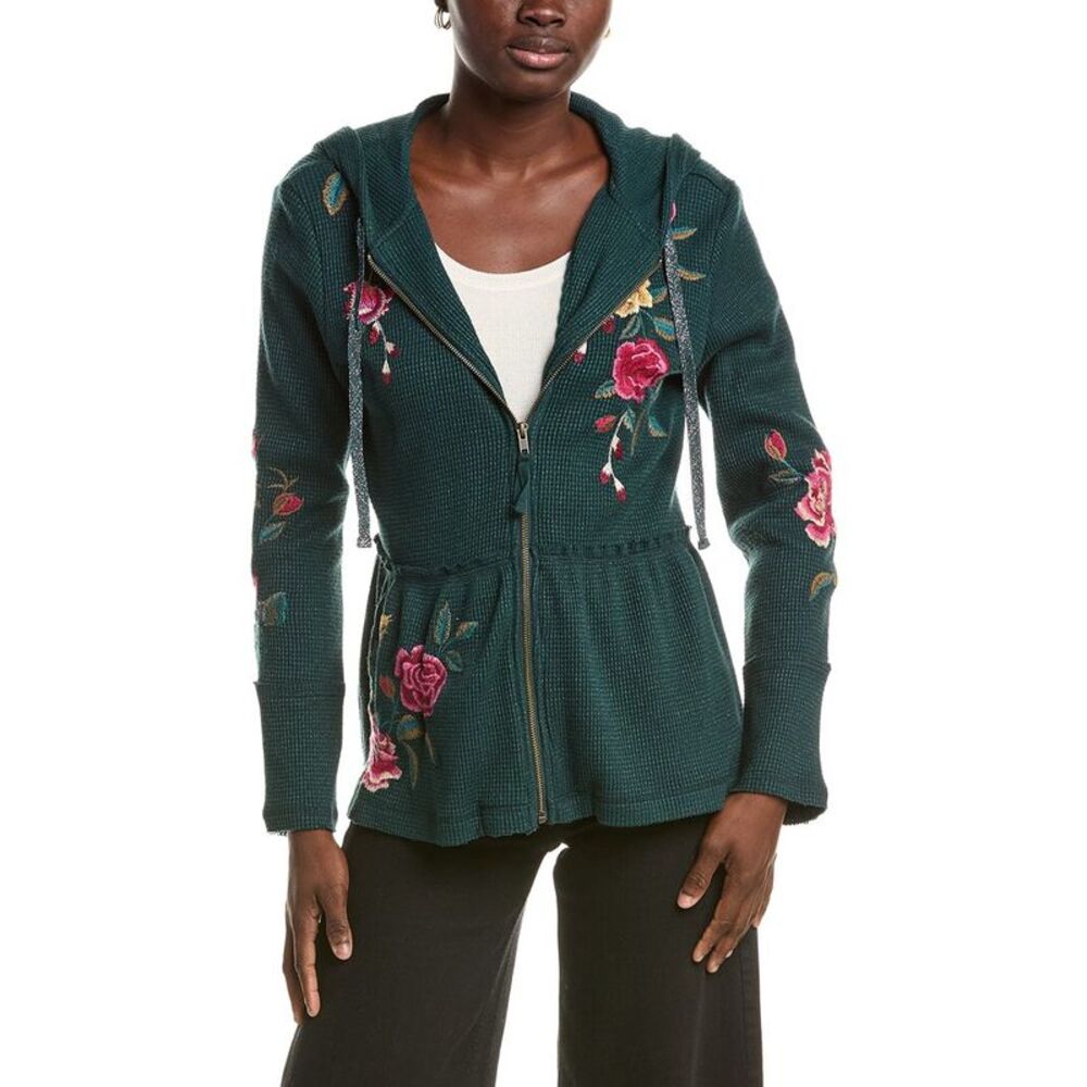 Johnny Was Womens Peplum Metallic Thermal Hoodie, Green